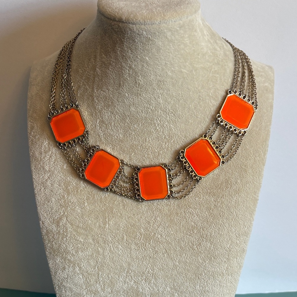 Retro Mod Orange Lucite Geometric Statement Necklace Gold Tone Multi Chain